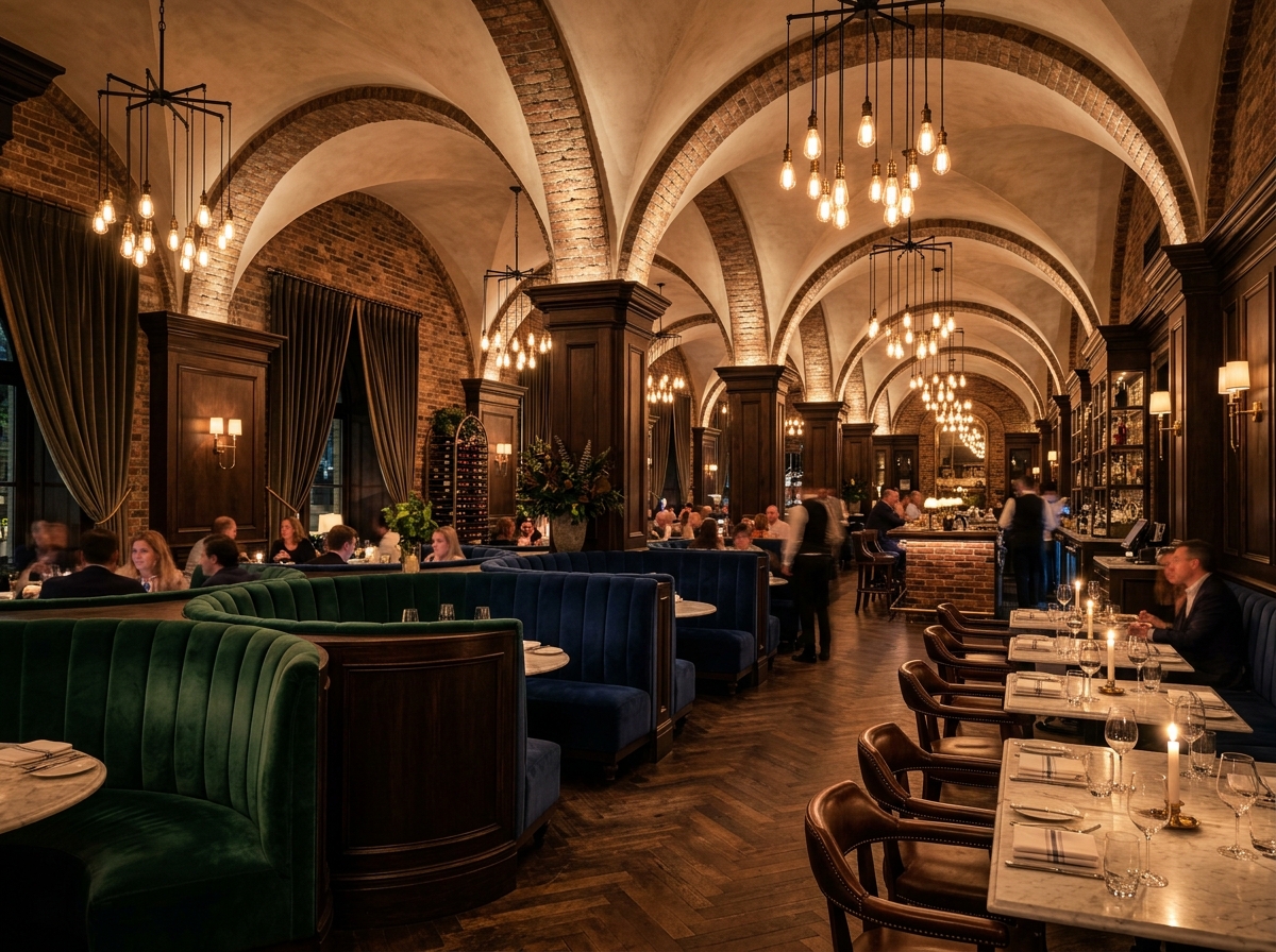 Upscale restaurant interior with dramatic arched ceilings and Edison bulb pendants
